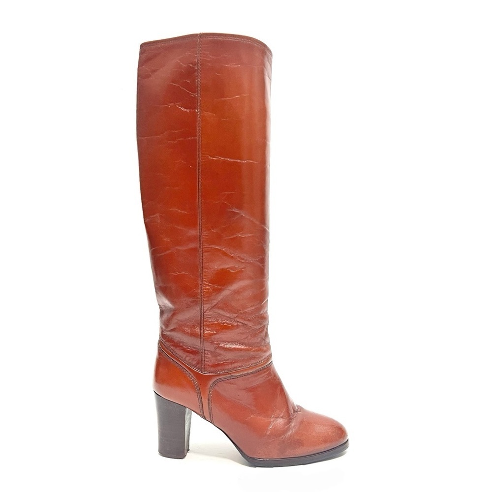 Vintage 1970s brown leather knee high zip up heeled fashion boots